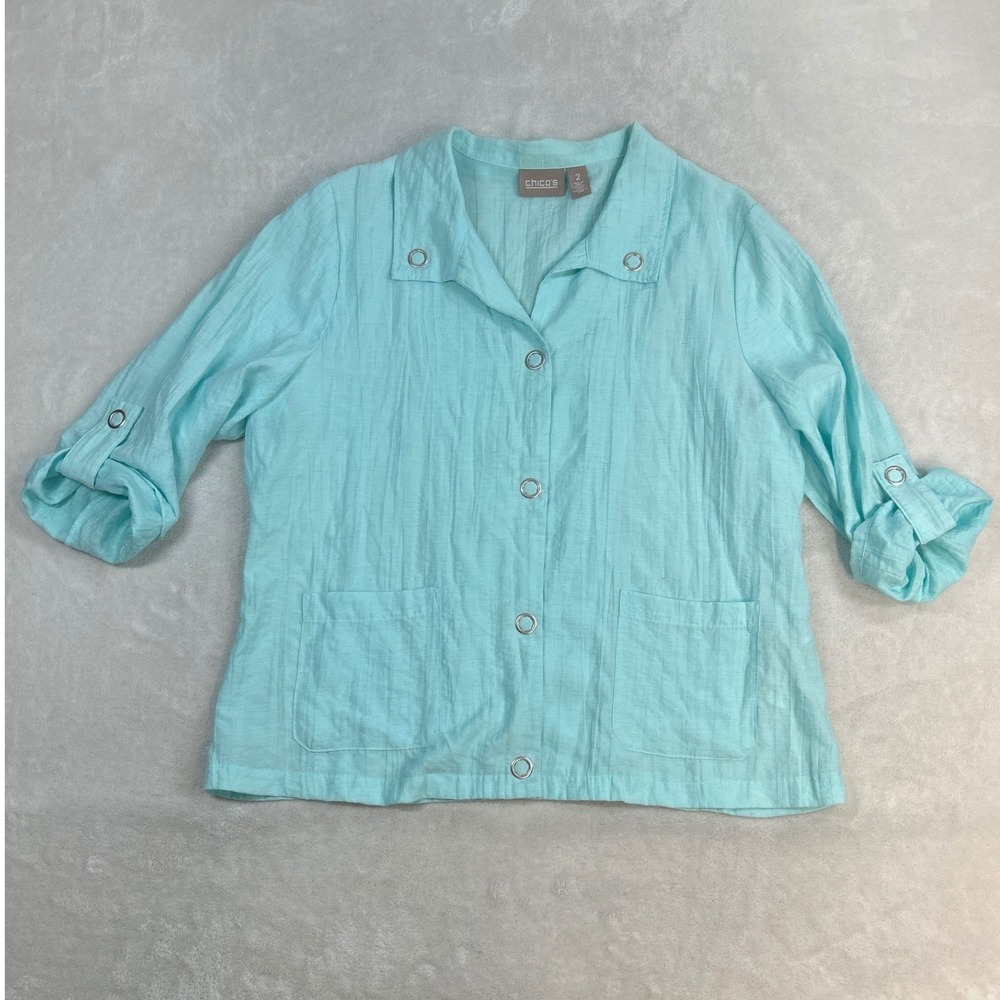 Chico's Button Down Shirt Women Size 2 Aqua Blue Linen Blend Roll Tab Sleeve